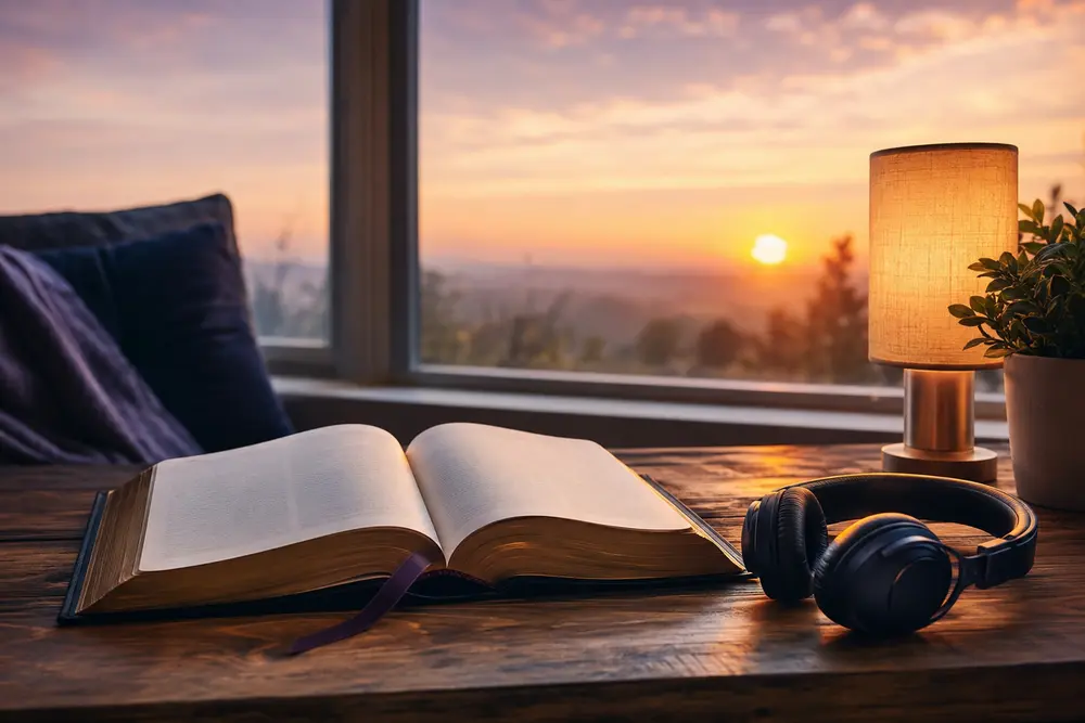 Biblia abierta junto a auriculares al amanecer